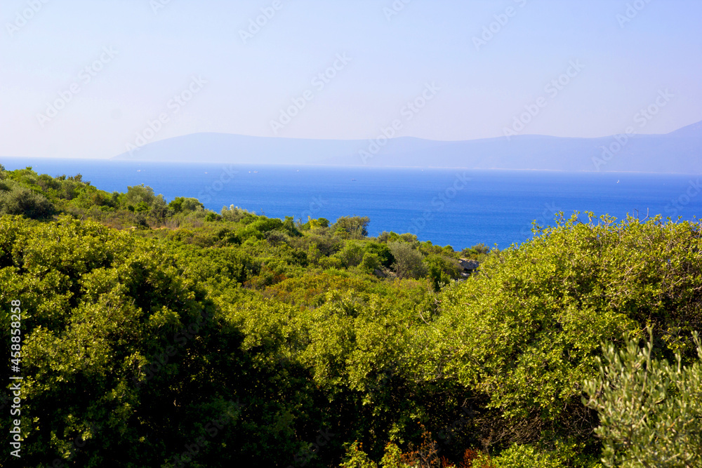 beautiful view of the coast of the sea in agean, turkey