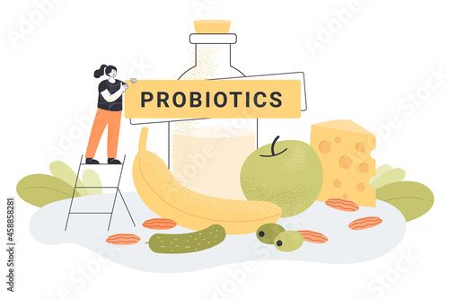 Tiny cartoon character with probiotics sign and healthy food. Products with good gut flora bacteria flat vector illustration. Health, diet, healthy lifestyle concept for banner or landing web page
