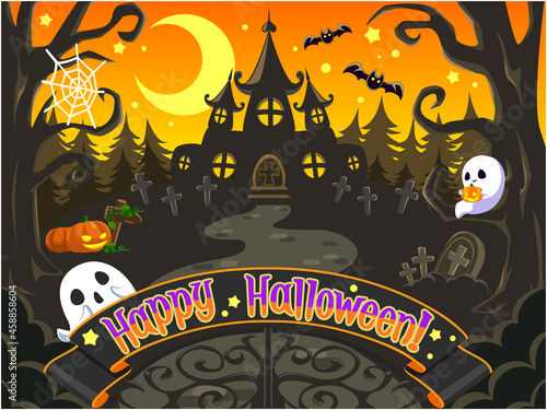 ハロウィンイラスト(横)　可愛い幽霊とお化け屋敷と森の背景2　ベクター画像
