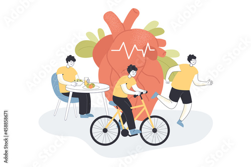 Poster of man eating healthy food, riding bike and doing sports. Human heart in background flat vector illustration. Healthy lifestyle, medicine, diet, health concept for banner or landing web page