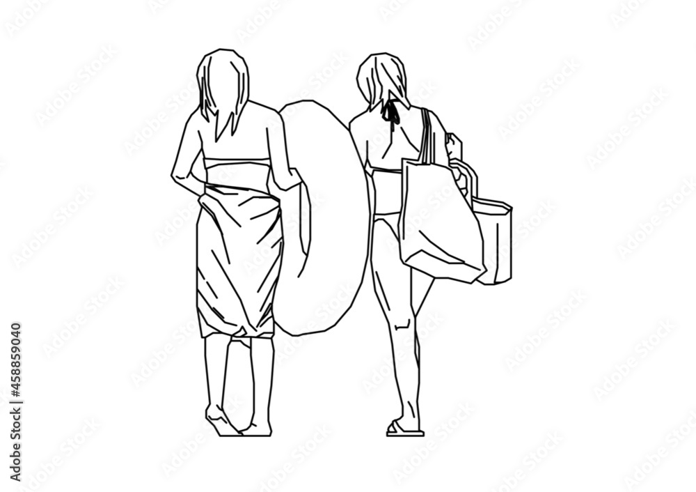 Vector design of sketch of two women going for a swim