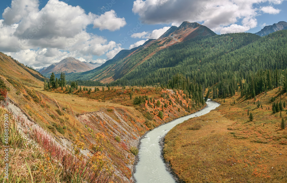 Mountain valley with river, autumn, wild places