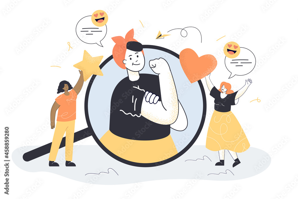 Empowering female leader showing fist and bicep. Diverse women holding heart and star flat vector illustration. Feminism, girl power, empowerment concept for banner, website design or landing web page