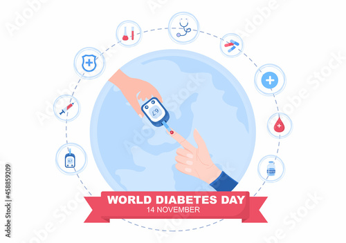 Diabetes Testing with Blood Glucose Meter, Exam Results, Tubes, Syringe to Medical Healthcare and Treatment For Poster Background Vector Illustration