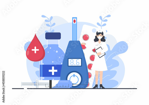 Diabetes Testing with Blood Glucose Meter, Exam Results, Tubes, Syringe to Medical Healthcare and Treatment For Poster Background Vector Illustration