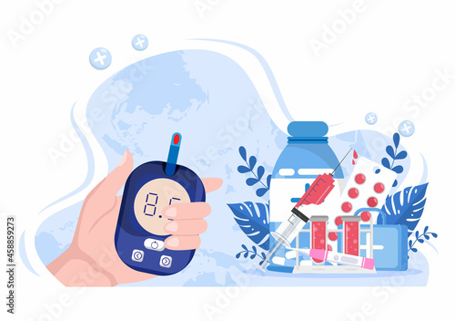 Diabetes Testing with Blood Glucose Meter, Exam Results, Tubes, Syringe to Medical Healthcare and Treatment For Poster Background Vector Illustration