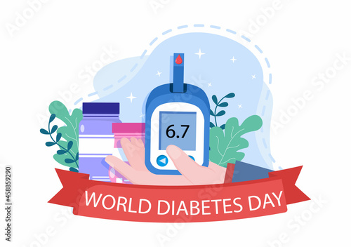 Diabetes Testing with Blood Glucose Meter, Exam Results, Tubes, Syringe to Medical Healthcare and Treatment For Poster Background Vector Illustration