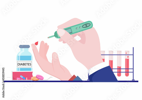 Diabetes Testing with Blood Glucose Meter, Exam Results, Tubes, Syringe to Medical Healthcare and Treatment For Poster Background Vector Illustration
