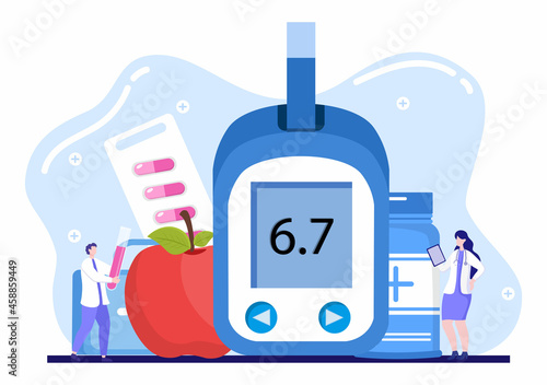 Diabetes Testing with Blood Glucose Meter, Exam Results, Tubes, Syringe to Medical Healthcare and Treatment For Poster Background Vector Illustration