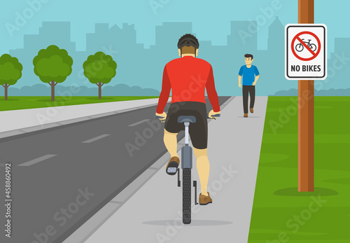 Bicycle driving tips. Cyclist ignoring road sign and riding his bike on sidewalk. No bikes traffic or road sign. Flat vector illustration template.