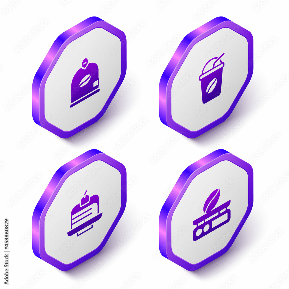 Set Isometric Bag of coffee beans, Iced, Piece cake and Electronic scales icon. Purple hexagon button. Vector Set Isometric Bag of coffee beans, Iced, Piece cake and Electronic scales icon. Purple hexagon button. Vector