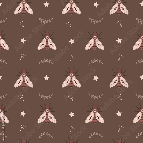 Seamless pattern with boho honeybee. Insect with celestial elements. Witch and magic symbol for textile, fabric, prints. Abstract hand drawn vector illustration in bohemian style.