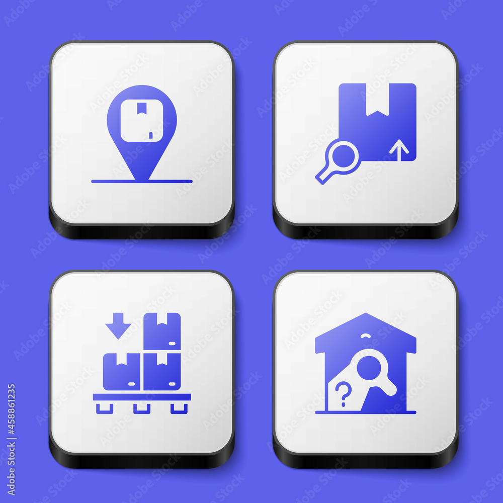 Set Location with cardboard box, Search package, Cardboard boxes pallet and Warehouse check icon. White square button. Vector