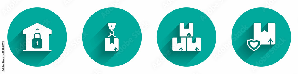 Set Closed warehouse, Crane with cardboard box, Carton and Delivery security shield icon with long shadow. Vector Set Closed warehouse, Crane with cardboard box, Carton and Delivery security shield icon with long shadow. Vector