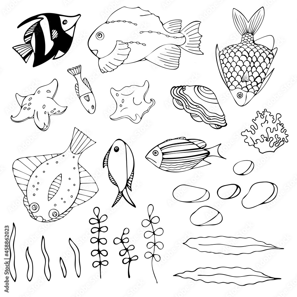 Set of aquarium cartoon fish, seaweed, seashell and stones.