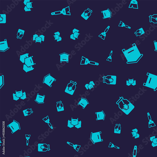 Set Hive for bees, Beekeeping brush and Jar of honey and dipper stick on seamless pattern. Vector