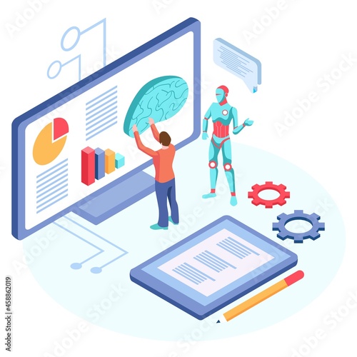 Human interactive tech interaction. Images of robot human working at office, can use for web banner, infographics, hero images. Flat isometric vector illustration isolated on white background photo