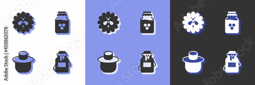 Set Jar of honey, Bee flower, Beekeeper with protect hat and icon. Vector