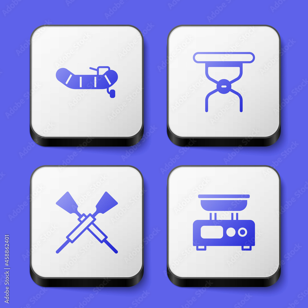 Set Inflatable boat with motor, Camping folding chair, Crossed oars paddles and Electronic scales icon. White square button. Vector Set Inflatable boat with motor, Camping folding chair, Crossed oars paddles and Electronic scales icon. White square button. Vector