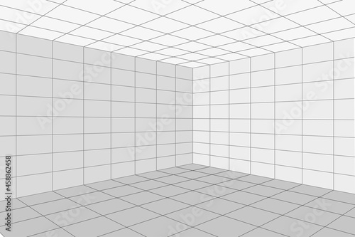 Grid perspective white room corner with gray wireframe background. Digital cyber box technology model. Vector abstract architectural template