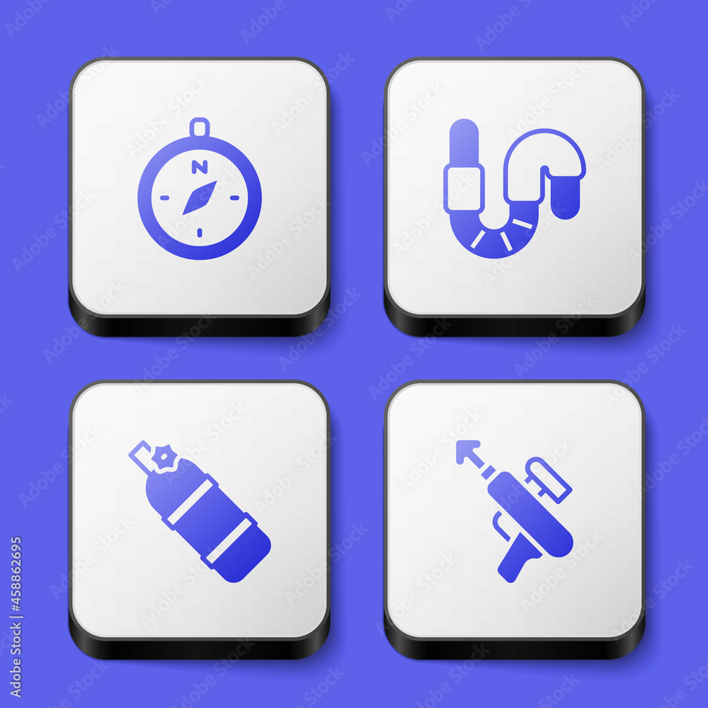 Set Compass, Worm, Aqualung and Fishing harpoon icon. White square button. Vector Set Compass, Worm, Aqualung and Fishing harpoon icon. White square button. Vector