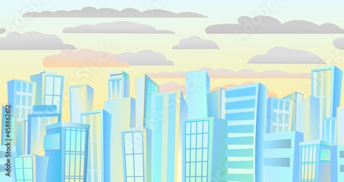 Big light city from afar. Skyscrapers and large buildings. Cartoon flat style illustration. Blue city landscape Cityscape. Seamless composition horizontal. Evening sky. Vector.