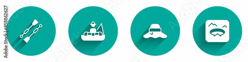 Set Oars or paddles boat, Fisherman in, hat and Winter fishing icon with long shadow. Vector