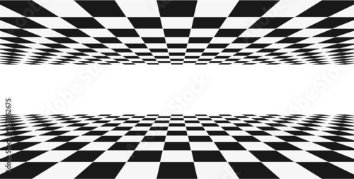 Grid perspective black and whte room. Chess wireframe background. Digital cyber box technology model. Vector abstract illusion template