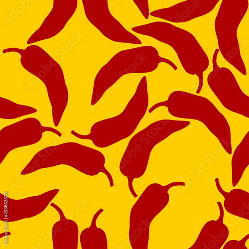 Red Pepper on yellow background vector seamless pattern. Mexican chili spicy vegetable. Hot paprika texture.