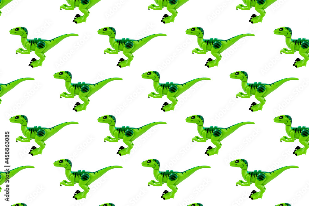 Toys seamless pattern background. Plastic dinosaur toy isolated on white.