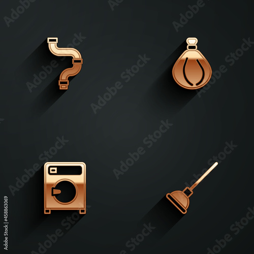 Set Industry metallic pipe, Garbage bag, Washer and Rubber plunger icon with long shadow. Vector
