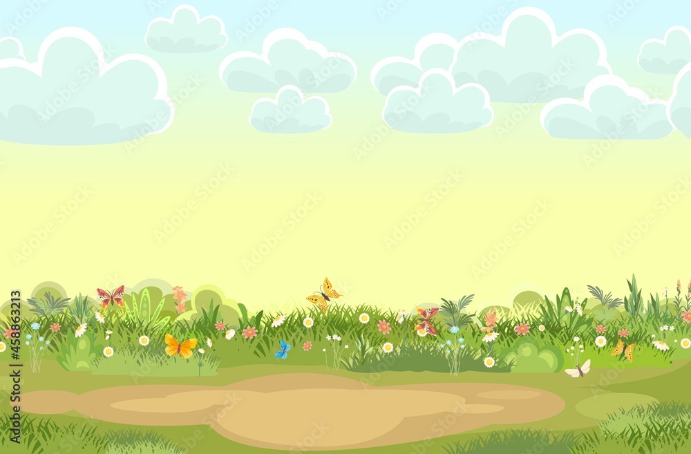 Obraz premium Sandy Glade. Summer meadow. Flowers. Green succulent grass close up. Grassland. Place on the field. Place for a tent. Cartoon style. Flat design. Illustration vector art