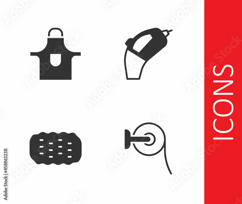 Set Toilet paper roll, Kitchen apron, Sponge and Portable vacuum cleaner icon. Vector