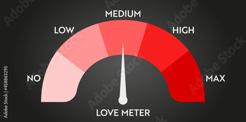 Love level meter indicator. Heart speedometer design. Valentine day card design element..