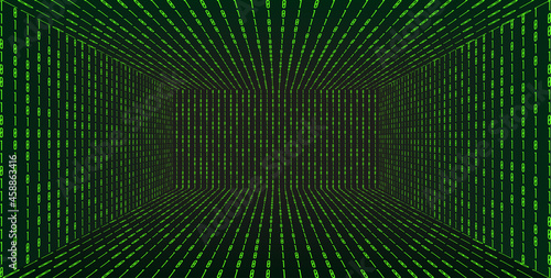 3d Grid perspective room in matrix technology style. Virtual reality tunnel or wormhole. Abstract binary computer code background