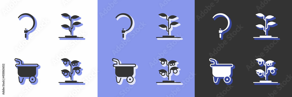 Set Sprout, Sickle, Wheelbarrow and icon. Vector Set Sprout, Sickle, Wheelbarrow and icon. Vector