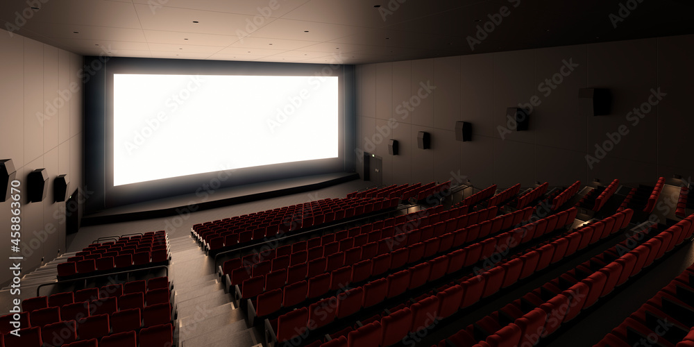 赤い椅子の並んだ映画館と眩しく光るスクリーン 3dレンダリンググラフィックス オープニング感 登場感 ティザー用背景素材 Stock Illustration Adobe Stock