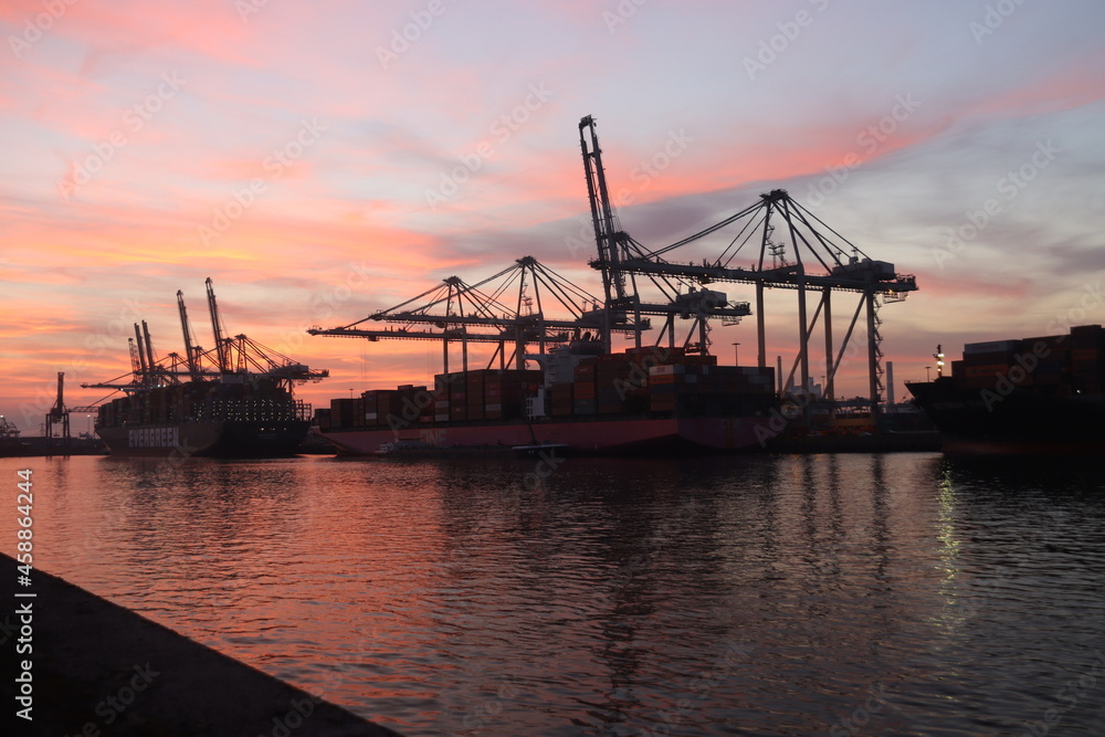 Cranes at Maasvlakte Container terminal during sunset