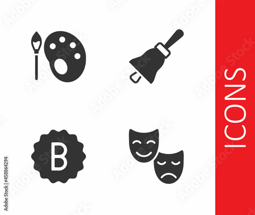 Set Comedy and tragedy masks, Paint brush with palette, Exam paper incorrect answers and Ringing bell icon. Vector
