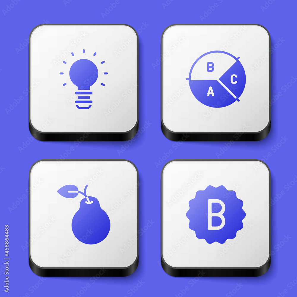 Set Creative lamp light idea, Pie chart infographic, Pear and Exam paper with incorrect answers icon. White square button. Vector Set Creative lamp light idea, Pie chart infographic, Pear and Exam paper with incorrect answers icon. White square button. Vector