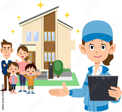 住宅の前に立つ家族と書類を手に持つ青い作業着の女性

