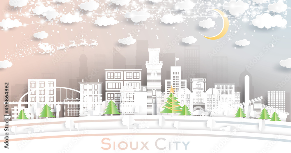 Fototapeta premium Sioux City Iowa City Skyline in Paper Cut Style with Snowflakes, Moon and Neon Garland.