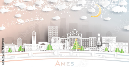 Ames Iowa City Skyline in Paper Cut Style with Snowflakes, Moon and Neon Garland.