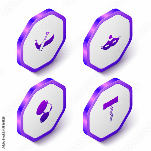 Set Isometric Gondola boat, Carnival mask, Olives and Wine corkscrew icon. Purple hexagon button. Vector