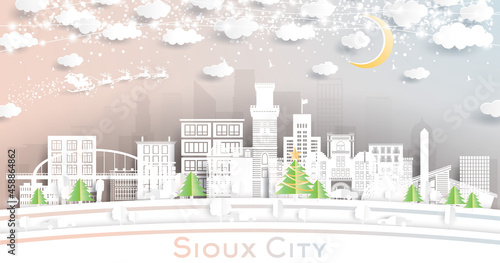 Sioux City Iowa City Skyline in Paper Cut Style with Snowflakes, Moon and Neon Garland.