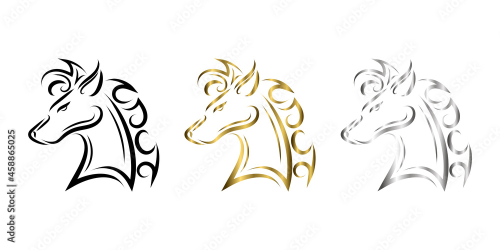 three color black gold and silver line art of horse head. Good use for symbol, mascot, icon, avatar, tattoo, T Shirt design, logo or any design you want. three color black gold and silver line art of horse head. Good use for symbol, mascot, icon, avatar, tattoo, T Shirt design, logo or any design you want.
