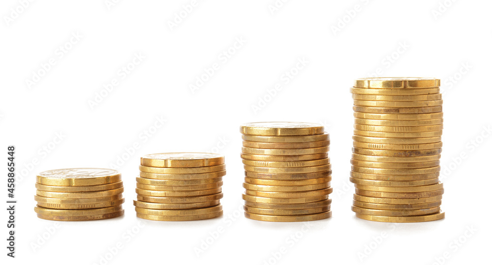 Golden coins on white background Golden coins on white background