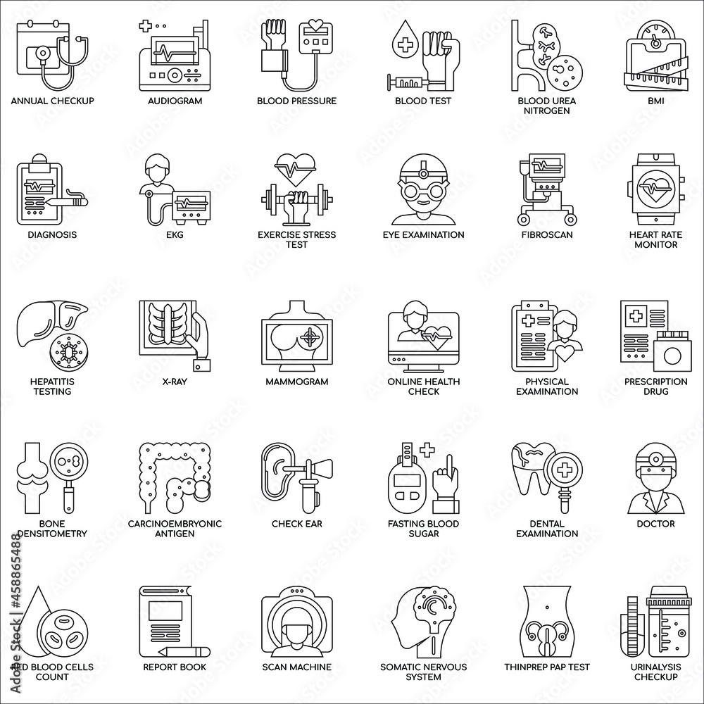 Outline health check up flat icon collection set