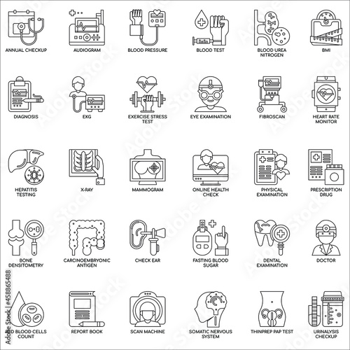 Outline health check up flat icon collection set