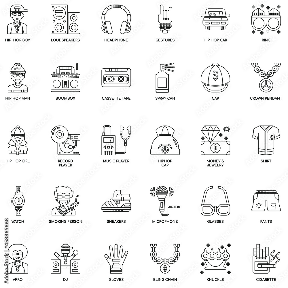 Outline hip hop collection flat icon set